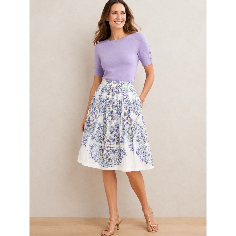 Talbots Women's Skirt Size 10 Pleated Pastel Floral Print Zipper Lined A Line